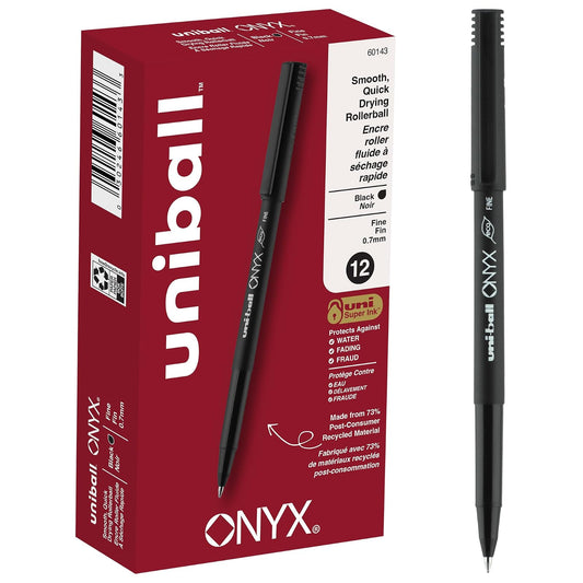 Bolígrafo Onyx de punta redonda, Fine Point, Negro, 12-Count | Deslizamiento suave y sedoso, tinta de archivo sin ácidos, uni Super Ink protege contra el agua, la decoloración y el fraude