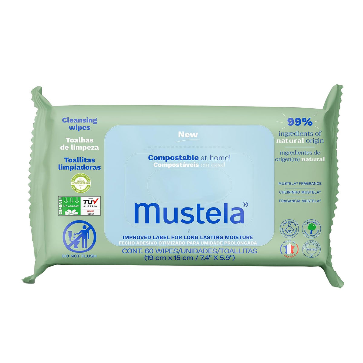 Mustela Toallitas Húmedas Compostables para bebé, paquete con 60pzs