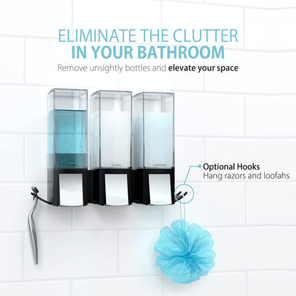 Better Living Products 77384 CLEVER Dispensador triple de jabón y ducha, negro/cromo