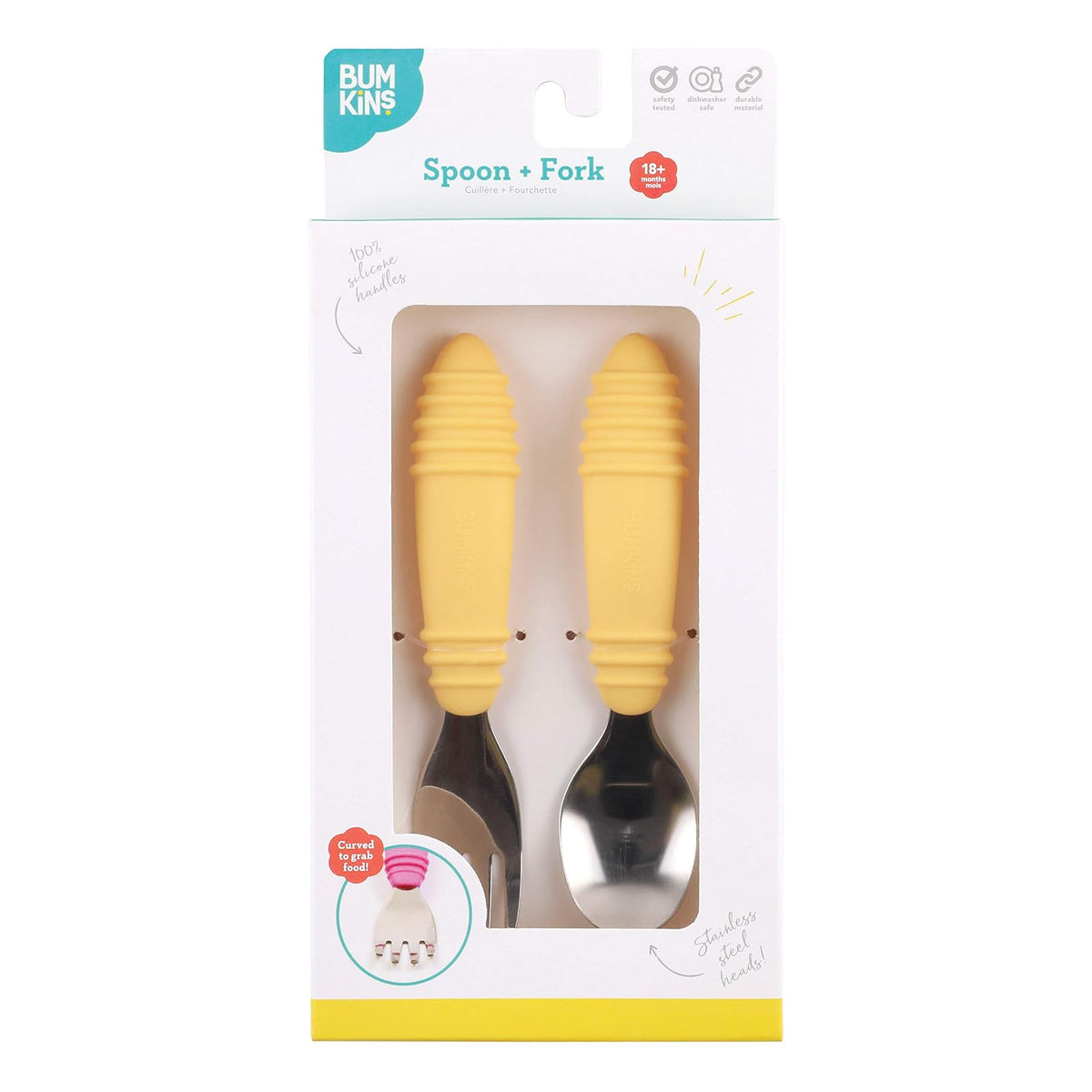 Bumkins - Juego de utensilios para niños pequeños, tenedor y cuchara, silicona y acero inoxidable, cubiertos de entrenamiento, tenedor en ángulo/tenedor para autoalimentación, niños que aprenden a comer, 18 meses, amarillo piña
