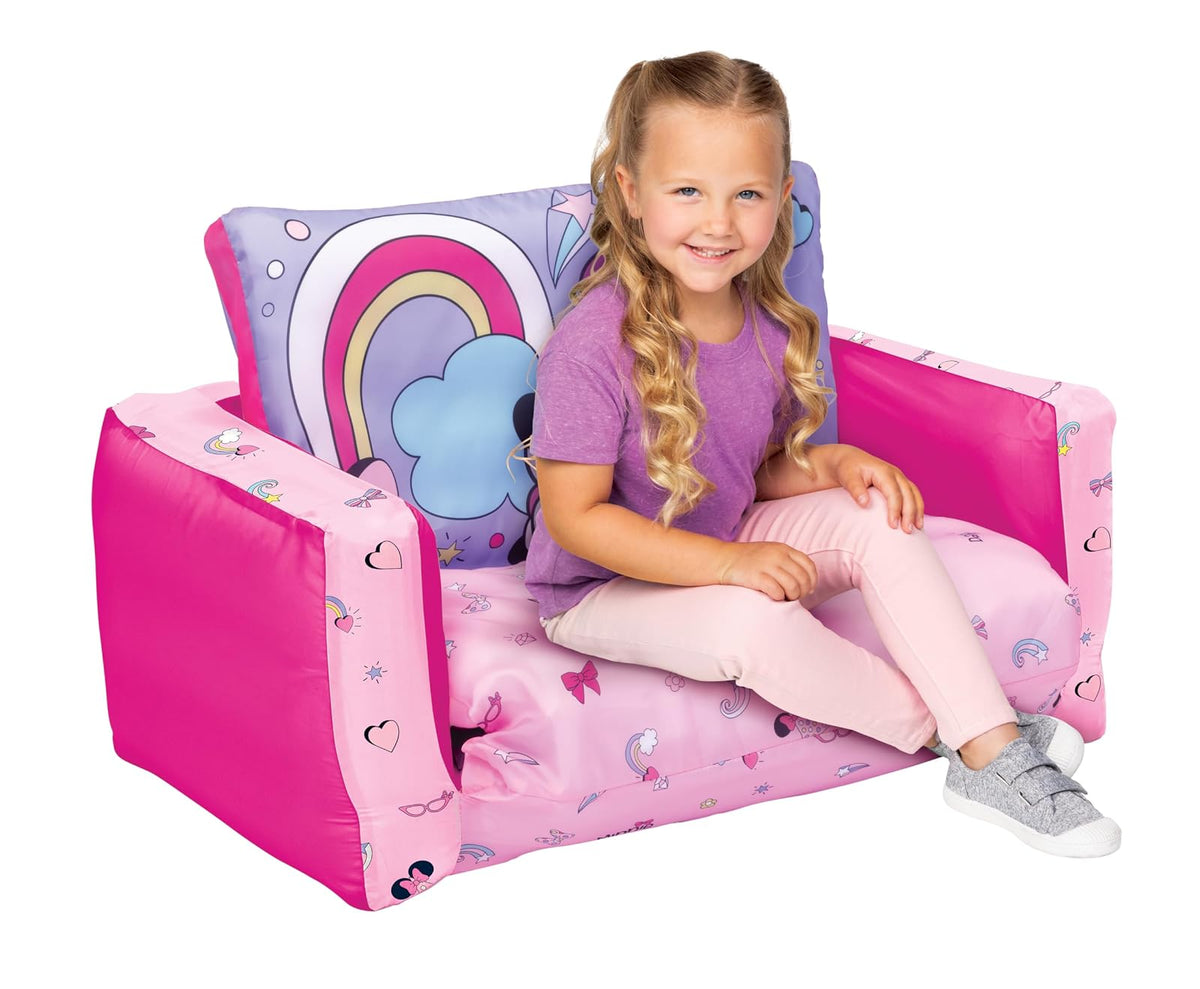 Minnie Mouse - Sofá cama inflable para niños, 2 en 1 con apertura abatible para tumbona y colchoneta para siesta, más de 4 pies de largo, funda extraíble, uso en interiores y exteriores, edades de 2 a