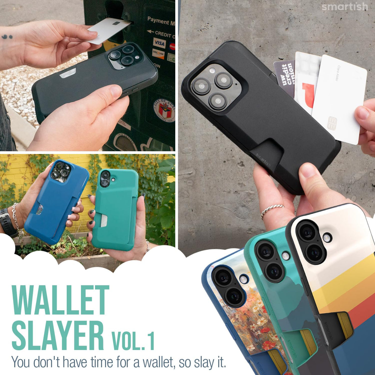 Smartish® - Funda Tipo portafolios para iPhone 16 - Wallet Slayer Vol. 1 Soporte para Tarjeta de crédito Delgado y Protector, con Ranura Oculta para Tarjeta Compatible con Apple iPhone 16, Azul en