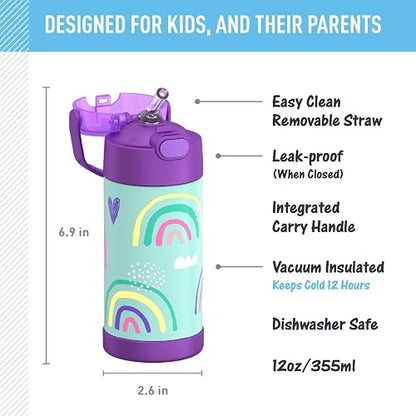 THERMOS FUNTAINER - Botella de acero inoxidable con aislamiento al aspiradora para niños, 12 onzas, arco iris