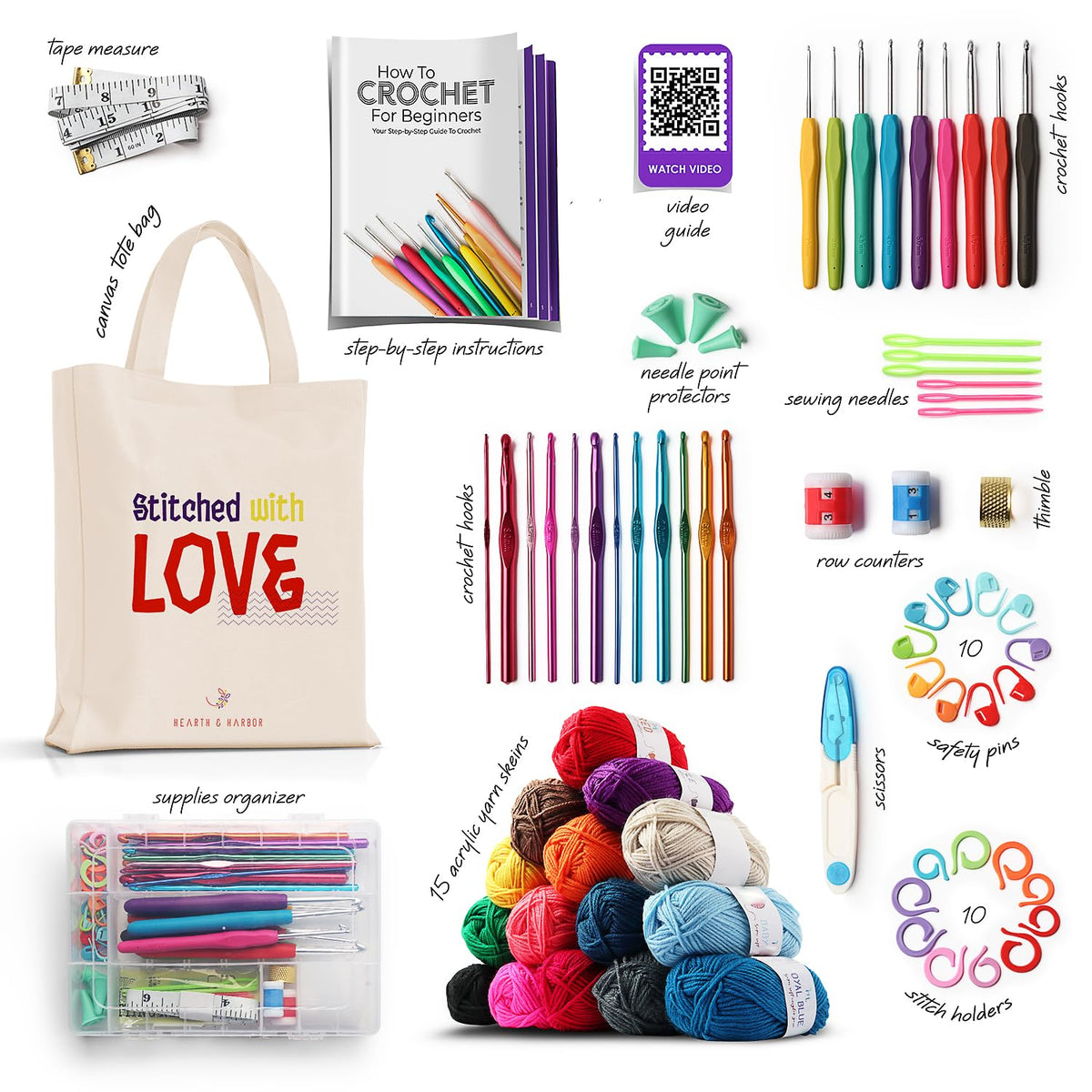Juego de 73 piezas de ganchillo con ganchos de ganchillo, paquete premium que incluye bolas de hilo, agujas, kit de accesorios, bolsa de lona y mucho más, paquete de iniciación para niños y adultos, principiantes, profesionales.