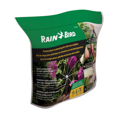 Rain Bird POTTEDKIT Recipiente de riego por goteo/kit de riego de plantas en maceta, se conecta a llave/manguera de jardín, tubo de goteo de 1/4 pulgadas, micro burbujas de 360°, accesorios en T y