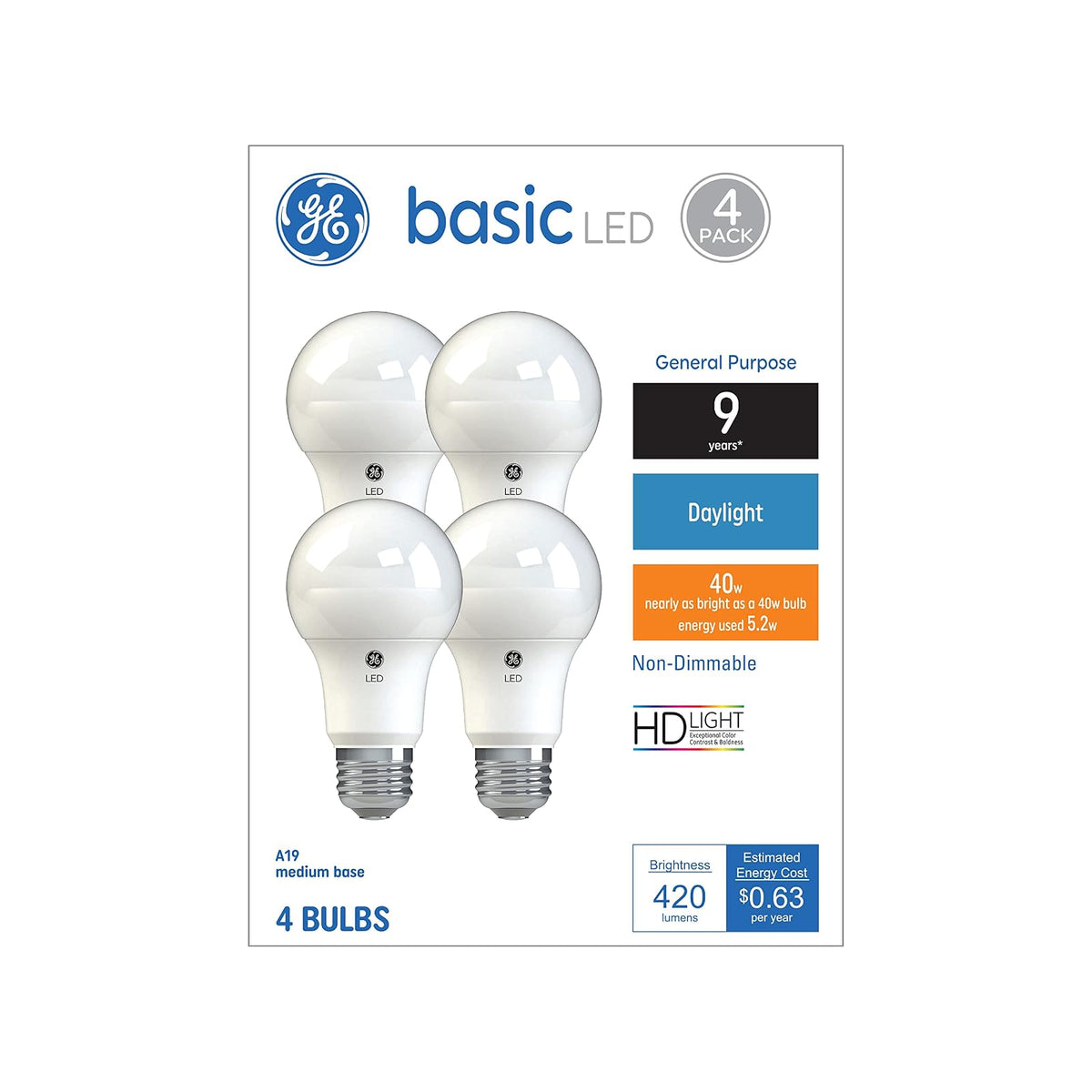 GE Basic - Bombillas LED de 40 W, luz de día, A19 (paquete de 4)