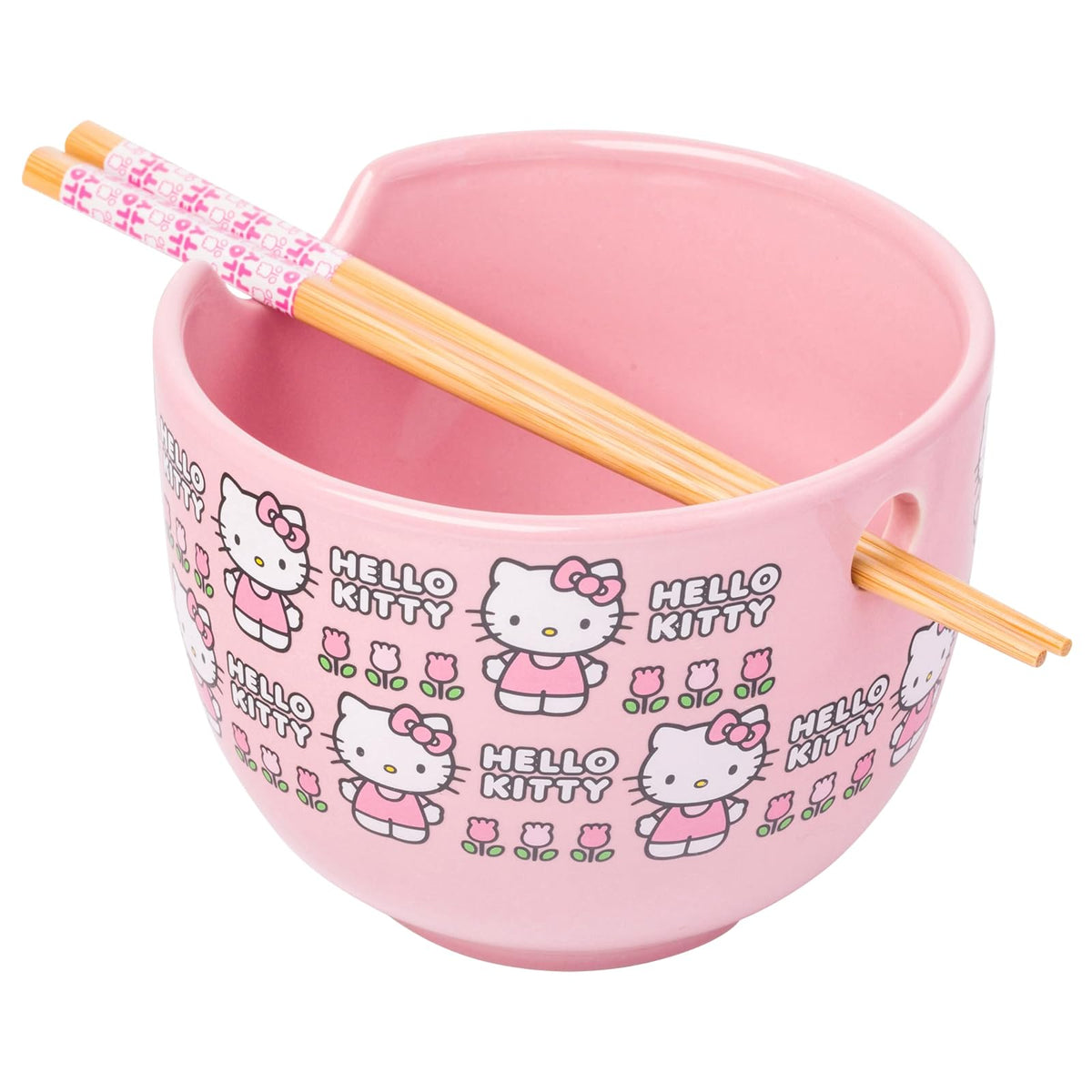 Silver Buffalo Sanrio Hello Kitty - tazón de arroz con palillos para fideos de cerámica con diseño de flores, apto para microondas, 20 onzas