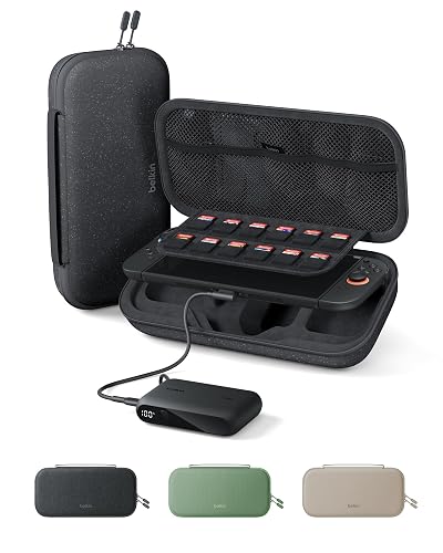 Belkin Nintendo Switch 2 Funda con Cargador de Banco de energía Integrado de 10.000 mAh, Funda Protectora portátil con Bolsillos para AirTag, Cartuchos de Juego para Viajes, Color carbón