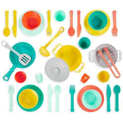 B. toys Mini Chef, Accesorios de Cocina y vajilla de Juguete | Set de juego de 33 piezas con olla, sartén, colador, utensilios, platos, cuencos, vasos y cubiertos para 4, 3 años y +