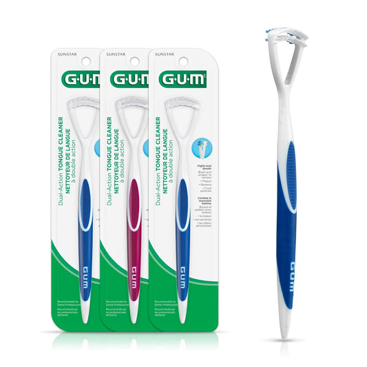 GUM Limpiador de lengua – cepillo para polvo de lengua de cerdas suaves de doble acción con raspador de lengua para una mejor higiene bucal, tratamiento de mal aliento (paquete de 3)