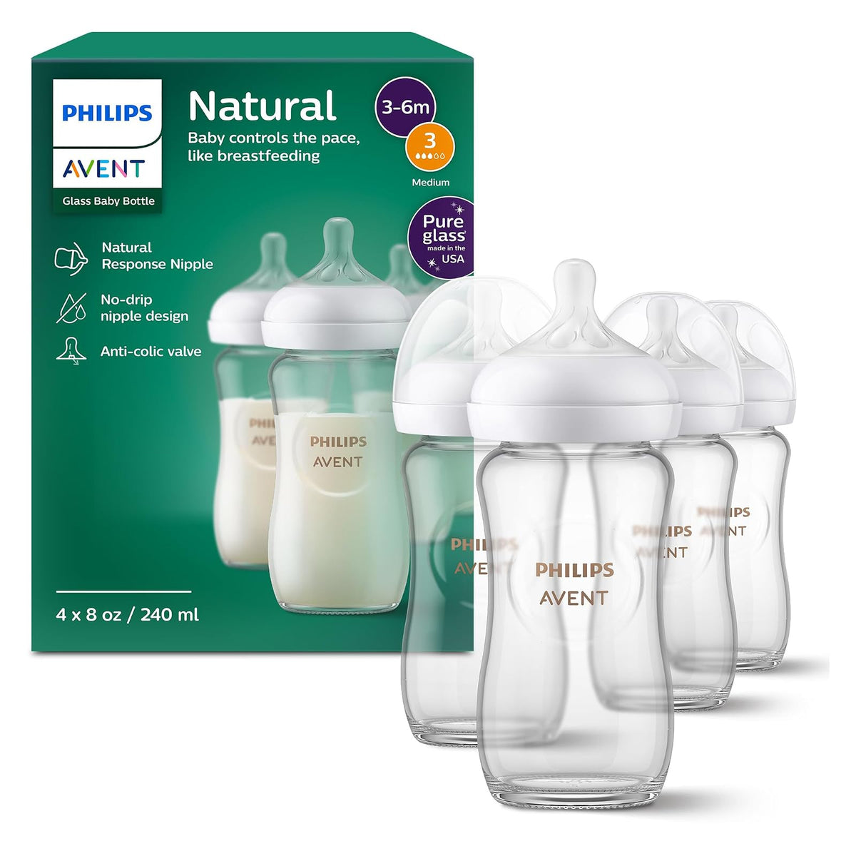 Philips Avent Set de Regalo Biberones de Vidrio Natural con Tetina Anticólicos - 8 Fl Oz (Pack of 4)