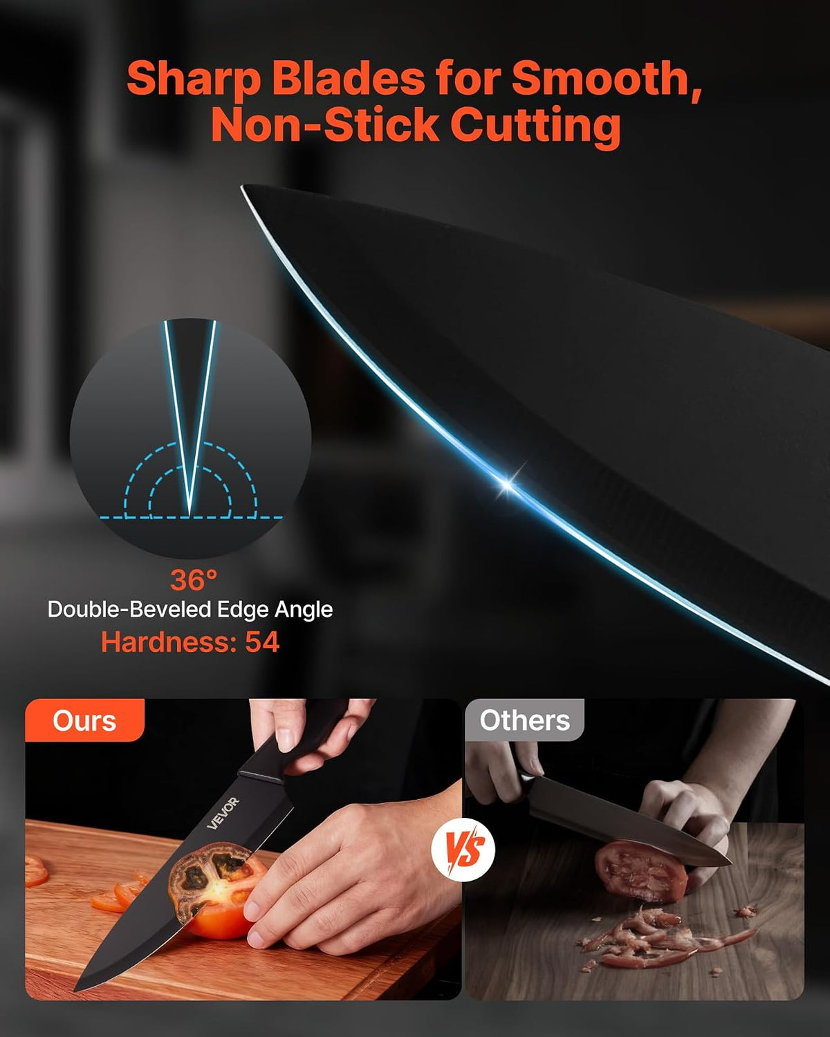 VEVOR Juego de Cuchillos de Cocina con Bloque de Madera y Afilador, con Cuchillos Afilados de Acero Inoxidable de Alto Carbono, con Mango Ergonómico de PP, Hoja 5CR15MOV, 15 Piezas, Color Negro