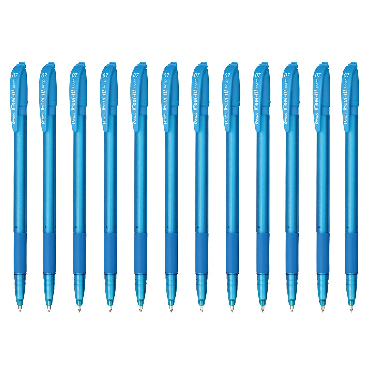 Bolígrafo Feel-It Pentel Cuerpo Delgado Tinta de Baja Viscosidad Color Azul Cielo Caja con 12 Piezas-BX427-S