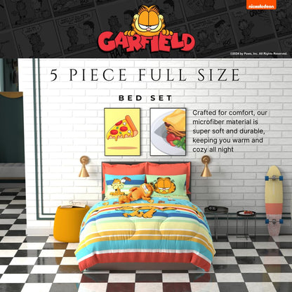 Franco - Juego de sábanas y edredón Reversible de 5 Piezas, para niños, (Producto con Licencia Oficial), Garfield