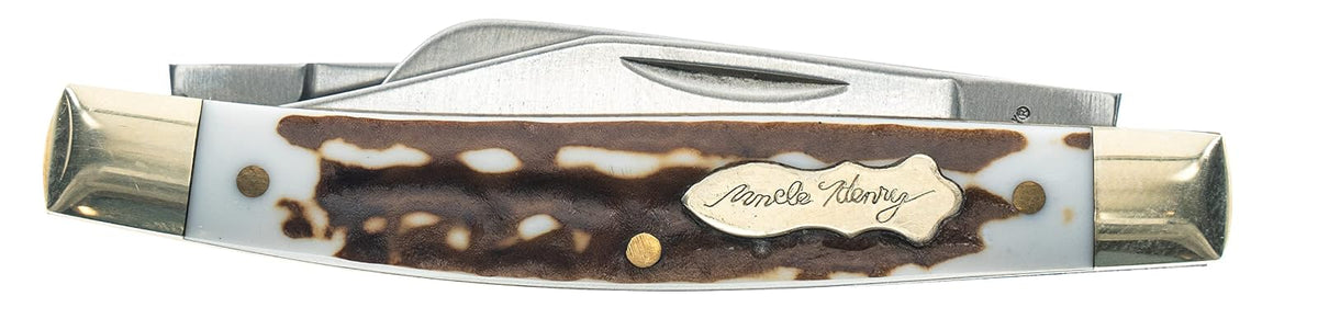 Uncle Henry Next Gen Staglon 807UHCP JR - Cuchillo Plegable de 3 Hojas de 4.8 Pulgadas con Punta de Clip de Acero Inoxidable, pie de Oveja, Cuchillas Spey-Point y Mango de Staglon para Caza, Camping