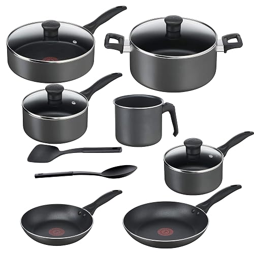 T-FAL Bateria de Cocina de 13 piezas Family Cook Gris con antiadherente Resist Plus 100 seguro para tu salud. Todo lo que necesitas para tu cocina. Tecnología Thermo-Señal, B479SD84.
