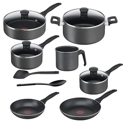T-FAL Bateria de Cocina de 13 piezas Family Cook Gris con antiadherente Resist Plus 100 seguro para tu salud. Todo lo que necesitas para tu cocina. Tecnología Thermo-Señal, B479SD84.