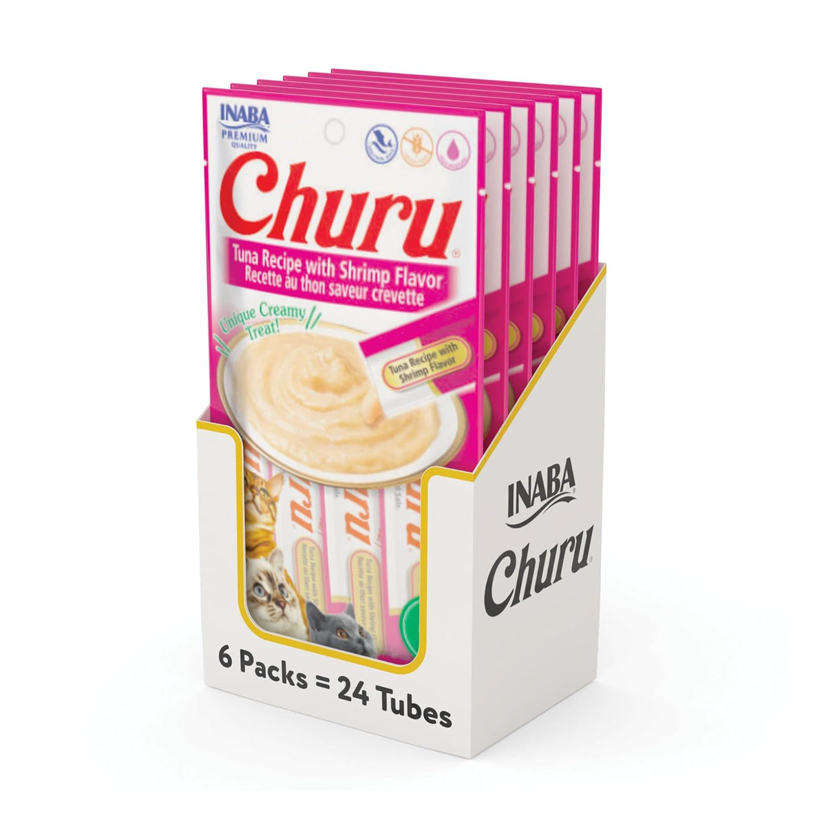 Churu Inaba Premios Cremosos para Gato, Control de Bolas de Pelo, 24 Tubos - Camarón - 24 Tubos
