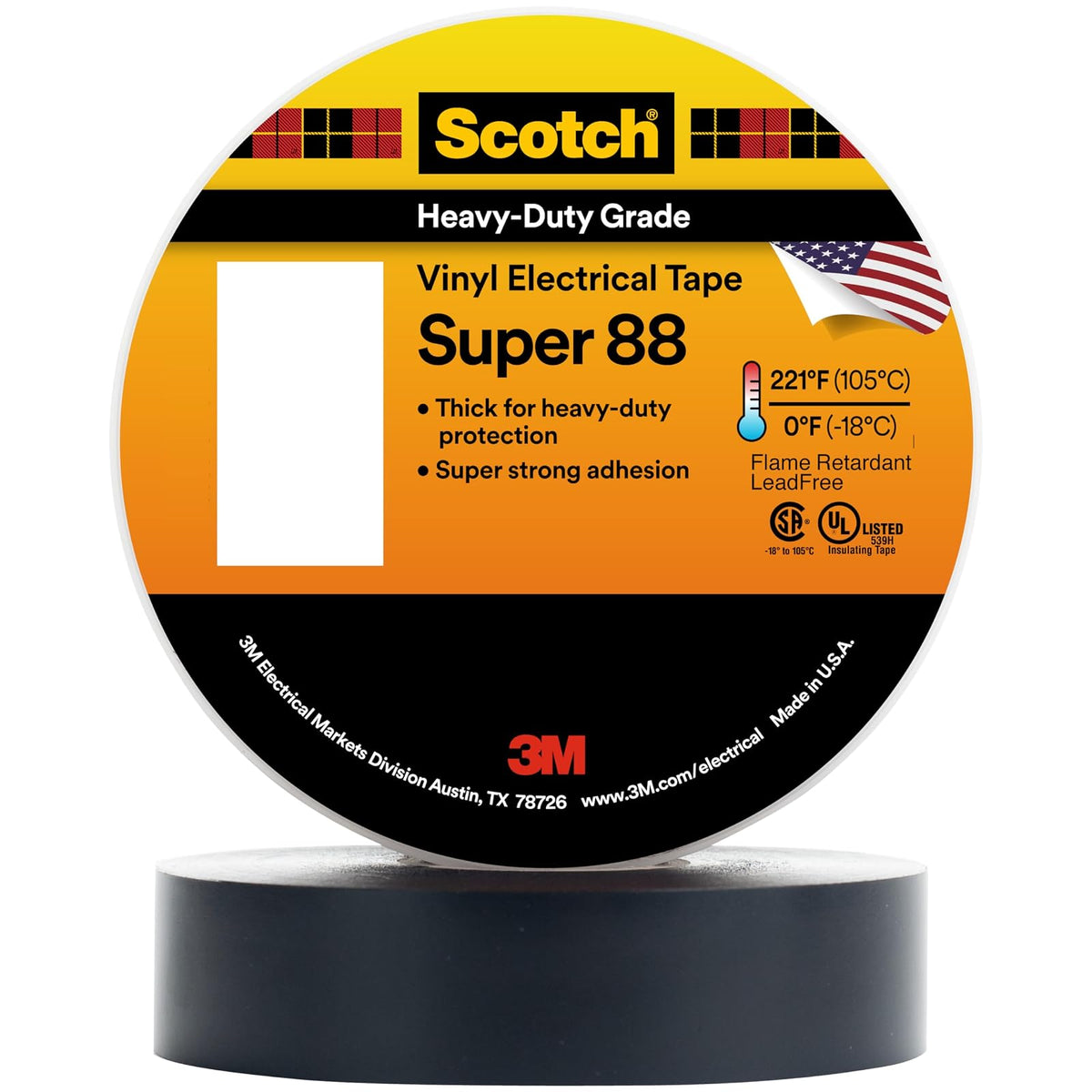 3M Scotch Cinta eléctrica de vinilo Super 88, 3/4 pulgadas x 40 pies, negro, 1 rollo, calcomanía de resina de goma, respaldo de PVC, cinta eléctrica resistente para todas las estaciones