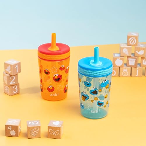 Zak Designs - Vasos para niños pequeños de Sesame Street Kelso para viajes o en casa, paquete de 2 vasos de plástico duraderos de 15 onzas con diseño a prueba de fugas, perfectos para niños (Elmo y
