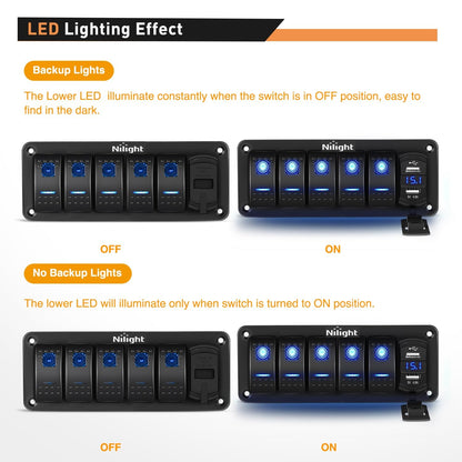 Nilight - Panel de interruptor de 5 bandas con cargador USB dual de 4.8 amperios, voltímetro nocturno, calcomanías impermeables de 12 V 24 V CC para coche, camiones, barcos, vehículos