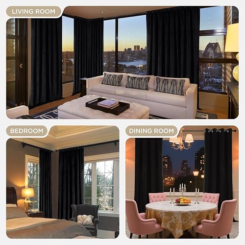 Joydeco - Cortinas Opacas 100% Negras, 2 Paneles, Cortinas de Terciopelo Negro con Aislamiento térmico de Lujo, para recámara, Sala de Estar, Cortinas Opacas insonorizadas, Bolsillo para Barra y