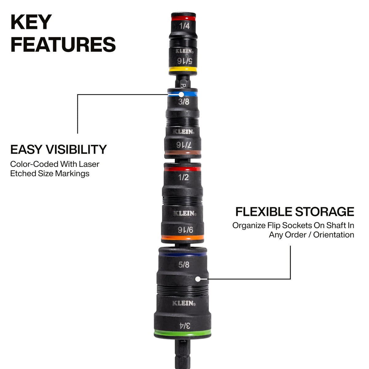 Klein Tools 32934 - driver de impacto SAE 9 en 1, 4 enchufes giratorios con 1/4, 5/16, 3/8, 7/16, 1/2, 9/16, 5/8 y 3/4 pulgadas con soporte de brocas, eje de 6-1/2 pulgadas