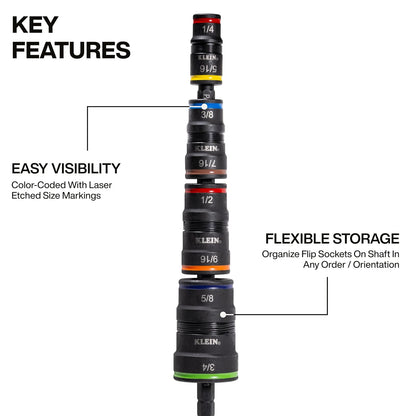 Klein Tools 32934 - driver de impacto SAE 9 en 1, 4 enchufes giratorios con 1/4, 5/16, 3/8, 7/16, 1/2, 9/16, 5/8 y 3/4 pulgadas con soporte de brocas, eje de 6-1/2 pulgadas