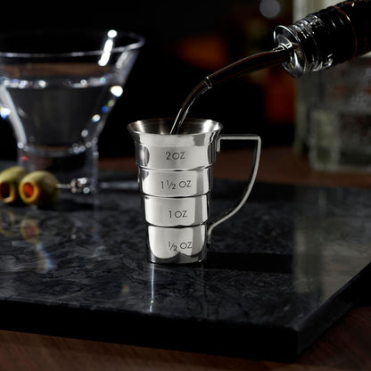 Viski - Jigger escalonado con asa, 4 marcas de medición, taza medidora para recetas de cóctel, 0.5 onzas, 1.5 onzas, 1.5 onzas y 2 onzas, acero inoxidable