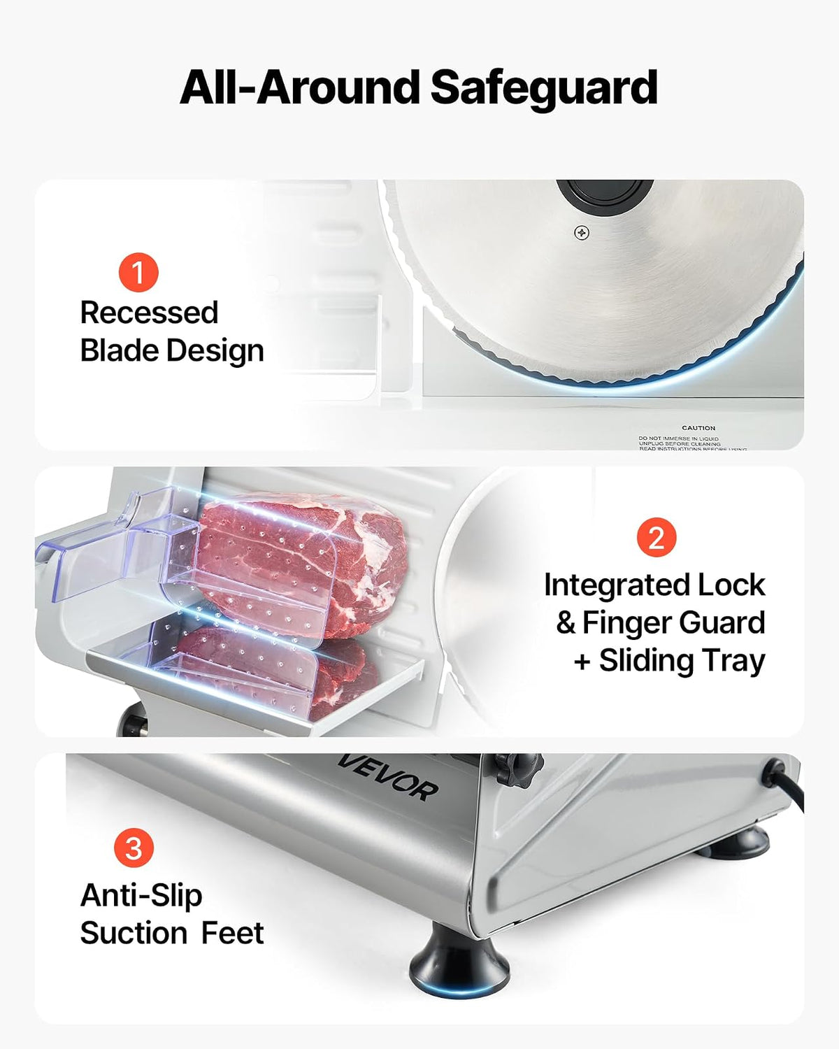 VEVOR Cortadora de carne, 8.6" eléctrica, con 2 cuchillas SUS420 y grosor ajustable de 0 a 0.6", doble bloqueo de seguridad, 200 W, para el hogar, ideal para carne congelada, jamón,baguettes y filetes