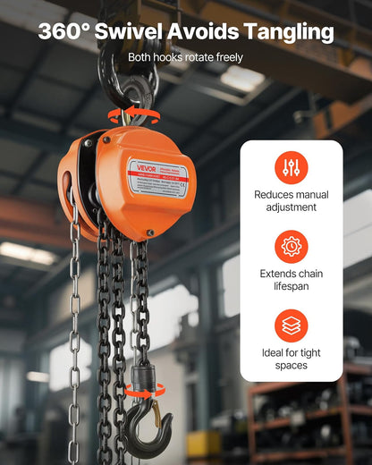 VEVOR Polipasto de Cadena Manual, Polipasto de Polea Resistente con Cadena Galvanizada G80 Mejorada, Altura de Elevación de 3 m Carga de 0,5 T para Garaje, Almacén y Maquinaria Automotriz, Naranja