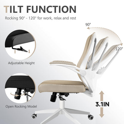 Silla ergonómica de Oficina con Soporte Lumbar, Silla de computadora de Malla con Respaldo Alto con Brazos abatibles, Silla de Trabajo Ajustable para computadora, Color Caqui