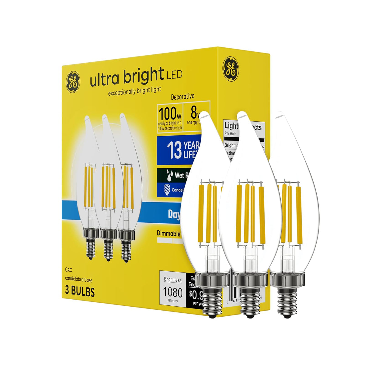 GE - Bombillas LED ultrabrillantes, equivalente a 100 W, luz de día, bombillas transparentes CA12 (paquete de 3)