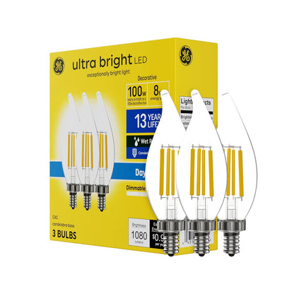 GE - Bombillas LED ultrabrillantes, equivalente a 100 W, luz de día, bombillas transparentes CA12 (paquete de 3)