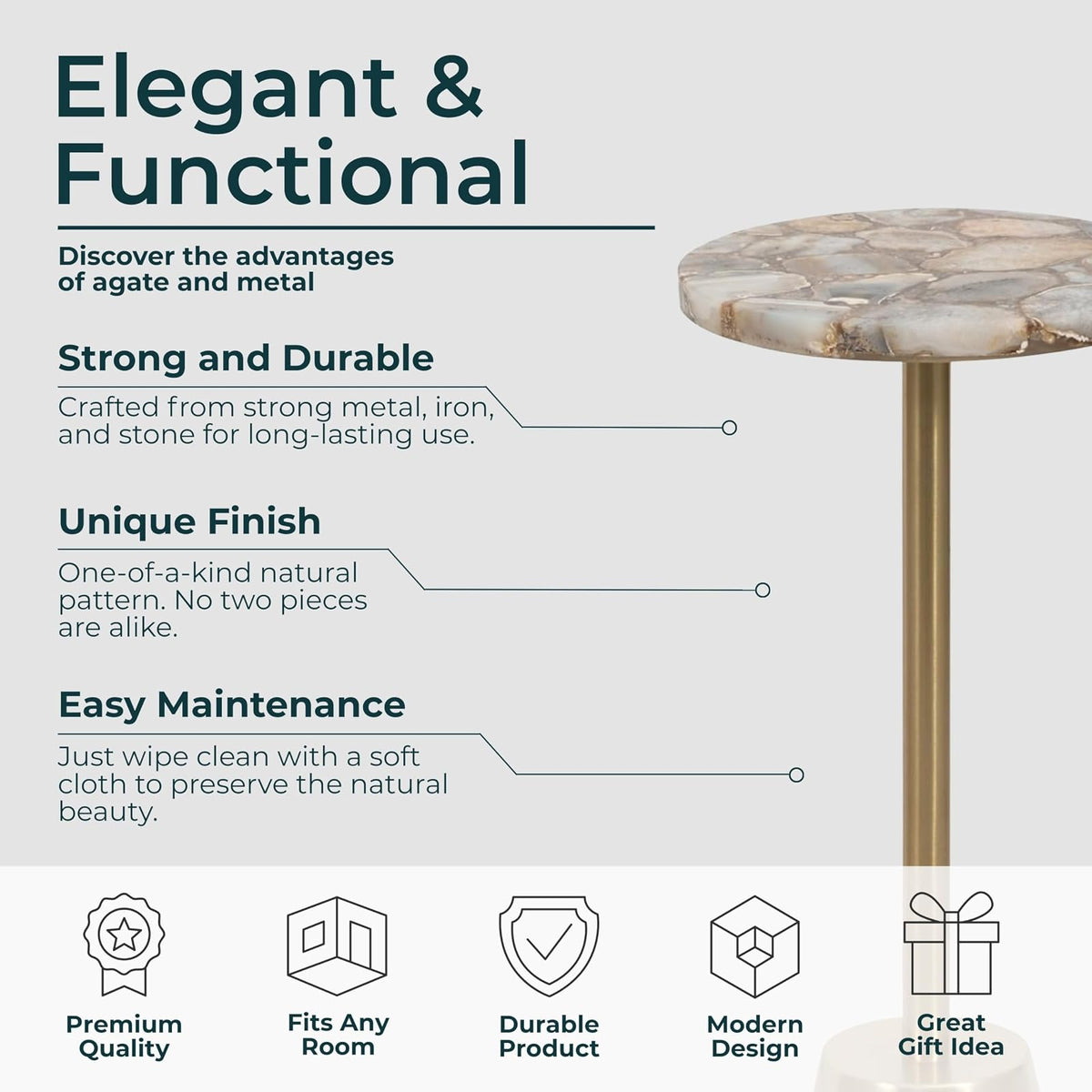 Sagebrook Home - Mesa Auxiliar de Hierro Dorado de 61 cm de Alto con Tapa de ágata de Borde Pulido para decoración contemporánea y glamorosa para Sala de Estar u Oficina