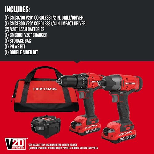 CRAFTSMAN Kit Taladro Inalámbrico y Atornillador Impacto 20V, CMCK200C2 | Kit Taladro Inalámbrico, Atornillador de Impacto, 20V, Incluye 2 Baterías, Bolsa de Herramientas
