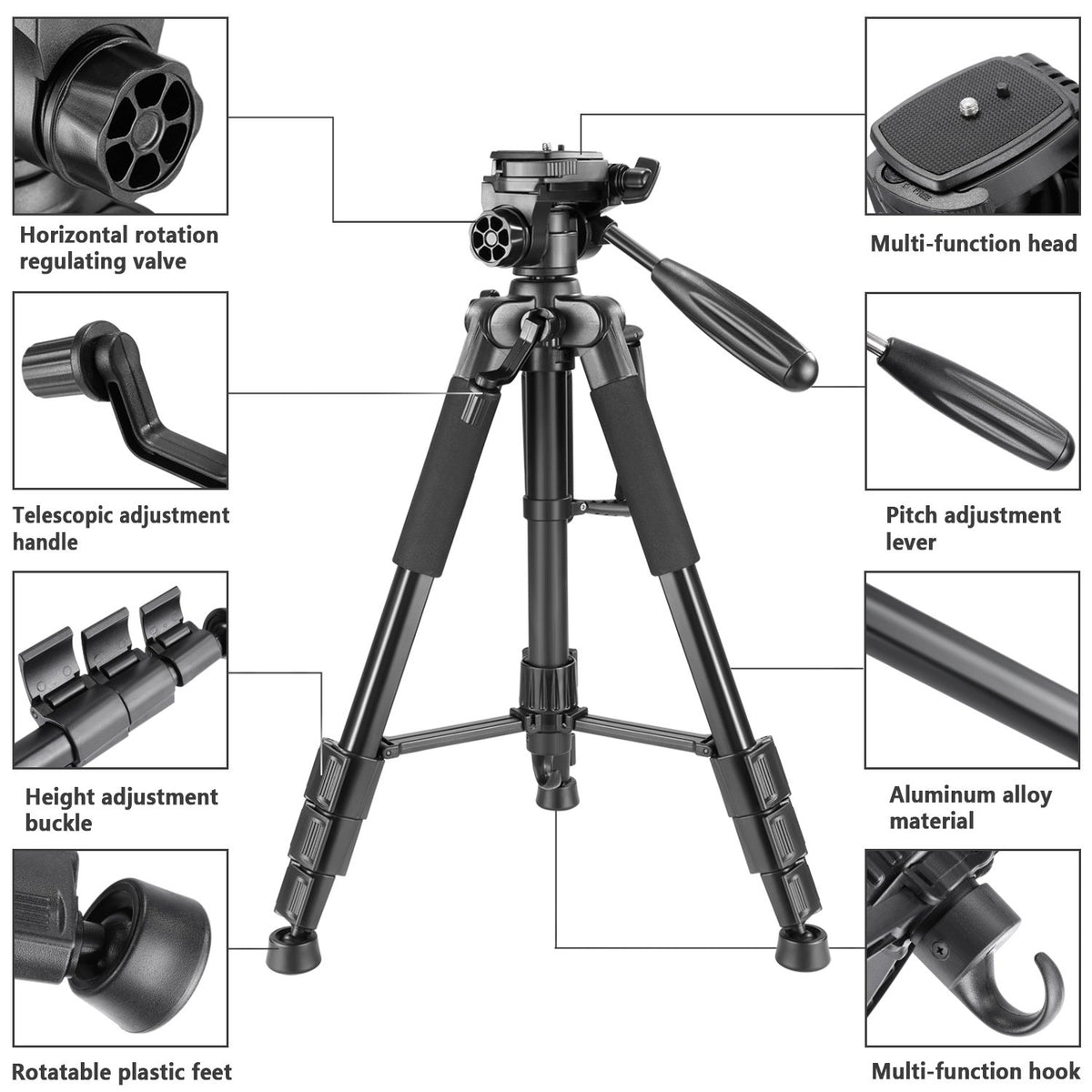Neewer - Trípode portátil de Aluminio de 142 centímetros con Cabeza giratoria de 3 vías, Bolsa para cámara réflex Digital (DSLR), Carga hasta 4 kilogramos, Color Negro (SAB234)