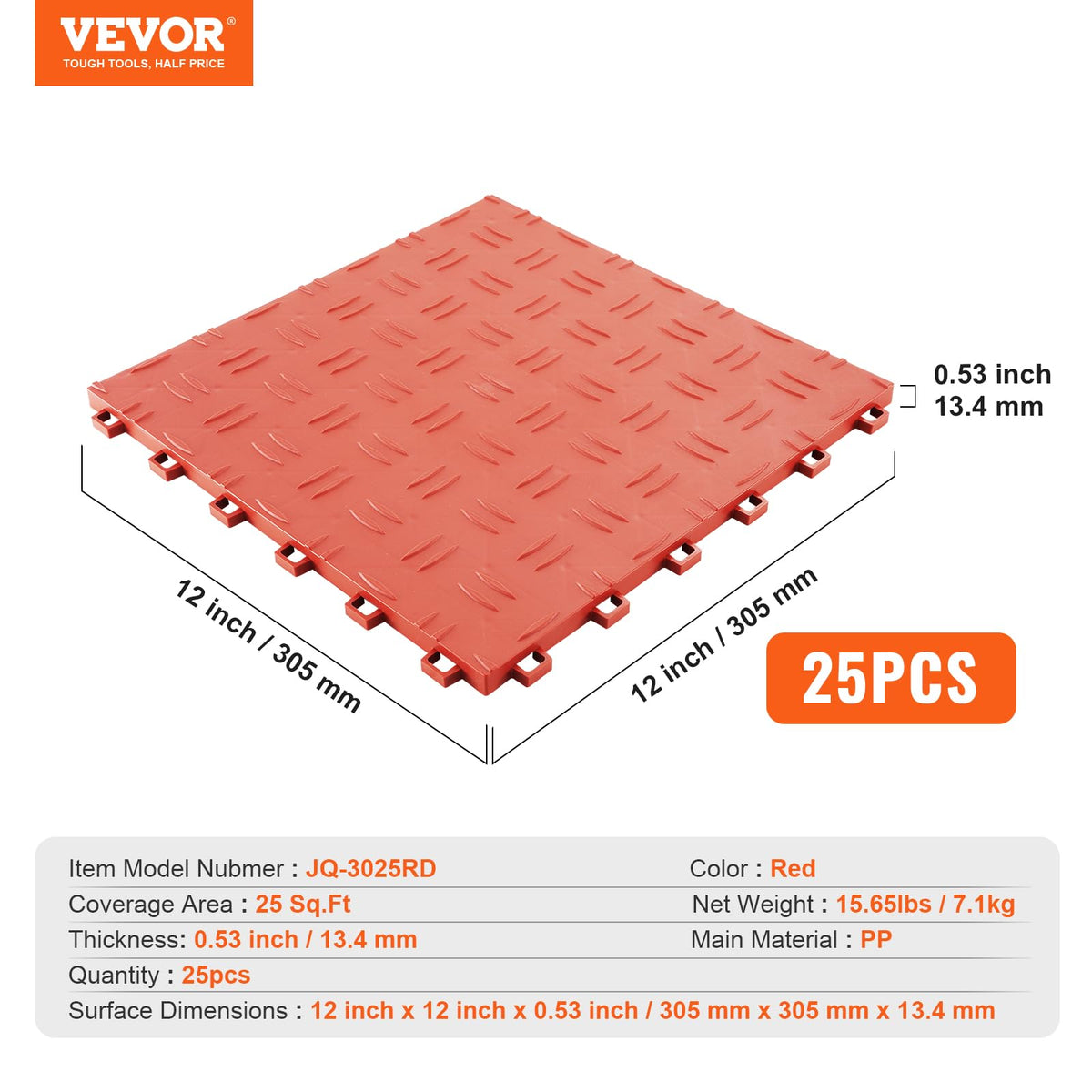 VEVOR Baldosas de Garaje Entrelazadas 25 Piezas Baldosas de PP para Suelo de Garaje 305 x 305 x 13,4 mm Textura Antideslizante de Doble Cara, para Garajes, Sótanos, Talleres de Reparación, Rojo