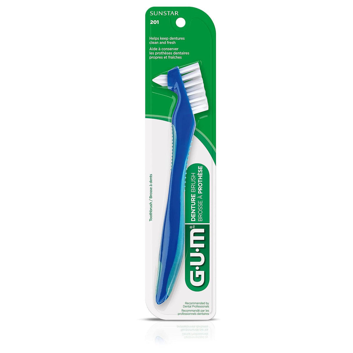 GUM - Cepillo para Prótesis Dentales con Doble Cabezal Con Cerdas Firmes de Nylon y Mango Ergonómico Antideslizante