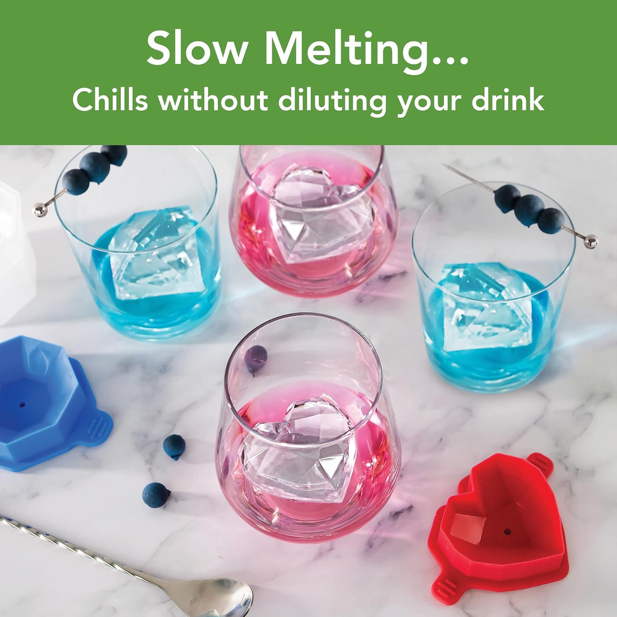 Tovolo - Juego de 4 moldes de hielo para celebración, 2 moldes de hielo grandes en forma de corazón y 2 diamantes para whisky, bourbon, cócteles y más, cubitos de hielo de fusión lenta, almacenamiento