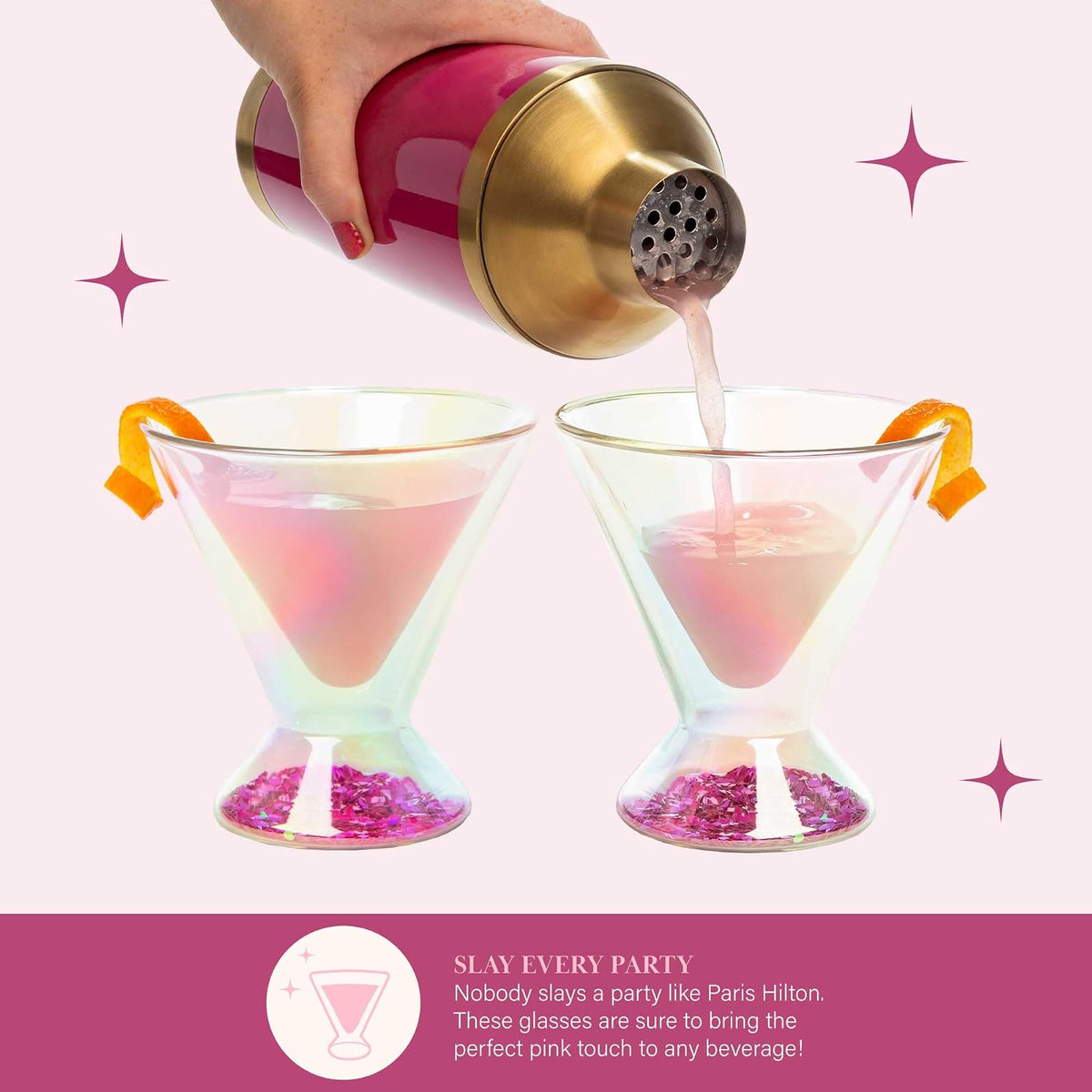 Paris Hilton - Juego de 2 piezas, diseño de vidrio de doble pared, para martinis, cócteles, cosmopolitanos, margaritas, 207 ml, 7 onzas, iridiscente con corazones de purpurina