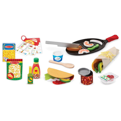 Melissa & Doug Juego de Tacos y Tortilla Para Rellenar y Doblar, Comida de Juguete, Comida Mexicana de Juguete que se Puede Cortar, Juguete de Madera, Sartén y Más (43 Piezas)