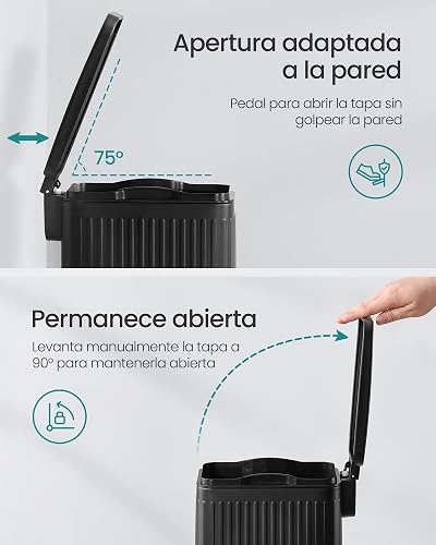 SONGMICS Cubo de Basura para Baño, 6 L, con Tapa, Acero Inoxidable | Basurero Delgado para Espacios Pequeños, Negro, Colección PATIA MLTB563B02
