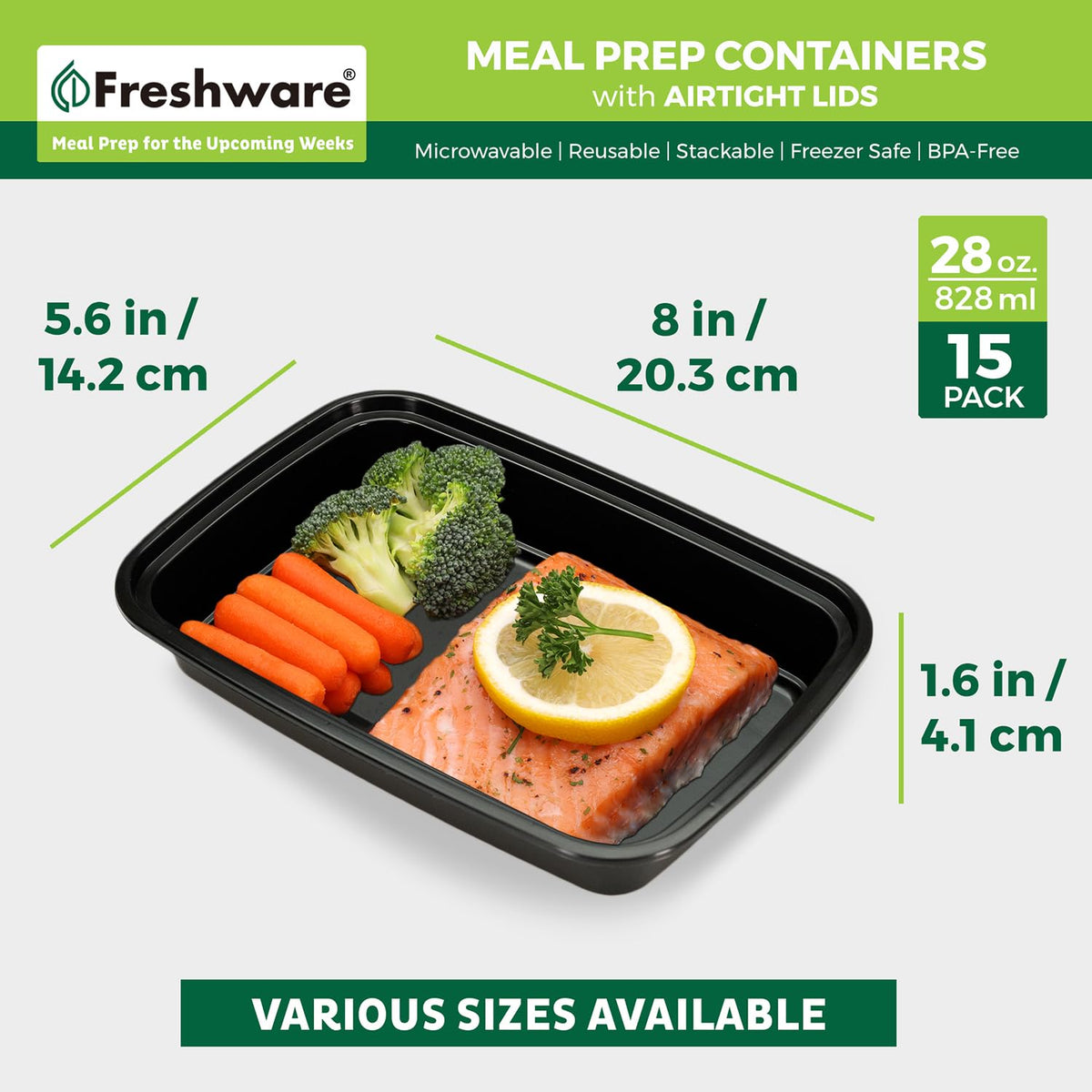 Freshware - Recipientes para preparación de comidas [15 paquetes] 1 compartimento para almacenamiento de alimentos con tapas, caja bento, sin BPA, apilables, aptos para