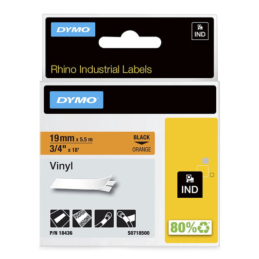 Dymo M18436 Cinta Rhino Vinilo 19mm, negro/naranja