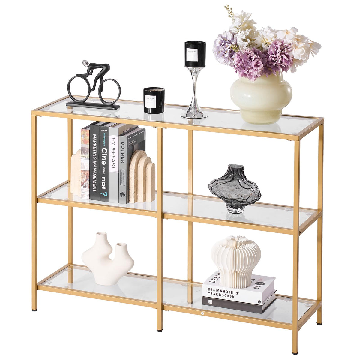 VEVOR Mesa Consola de Vidrio con Patas de Hierro - 3-Tier - Dorado
