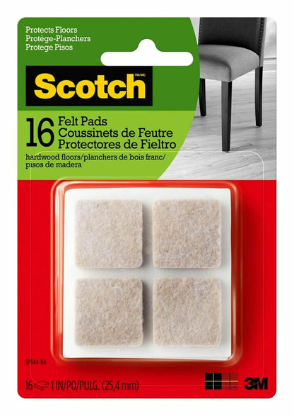 Scotch Felt Pads, Felt Furniture Pads for Protecting Hardwood Floors, Square, Beige, 1 in. x 1 in, 16 Pads