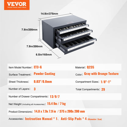 VEVOR - Dispensador de molino de extremo – Gabinete organizador de molino de extremo de tres cajones, acero laminado en frío, tamaños fraccionales de 1/8 a 1 pulgada