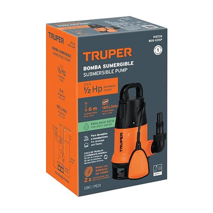 Truper BOS-1/2SP, Bomba sumergible plástica, 1/2 HP para agua sucia