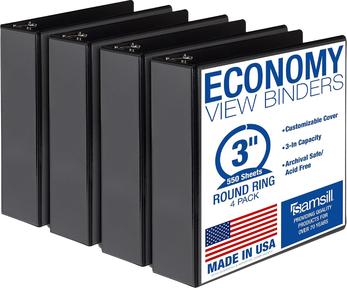 Samsill Carpeta de 3 anillas de 1.5 pulgadas, fabricada en Estados Unidos, anillo redondo económico, cubierta de visión transparente, capacidad de 325 hojas, para escuela, hogar, oficina, negro, - Negro - - 4 paquetes - 3 pulgadas